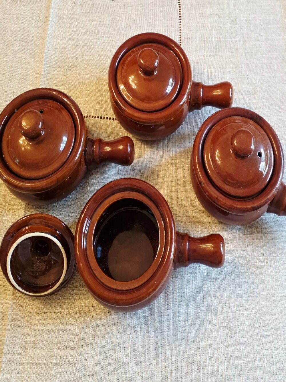 Set of 4 Brown Stoneware Individual Bean Pots/French Onion Soup Bowls w/ Handles